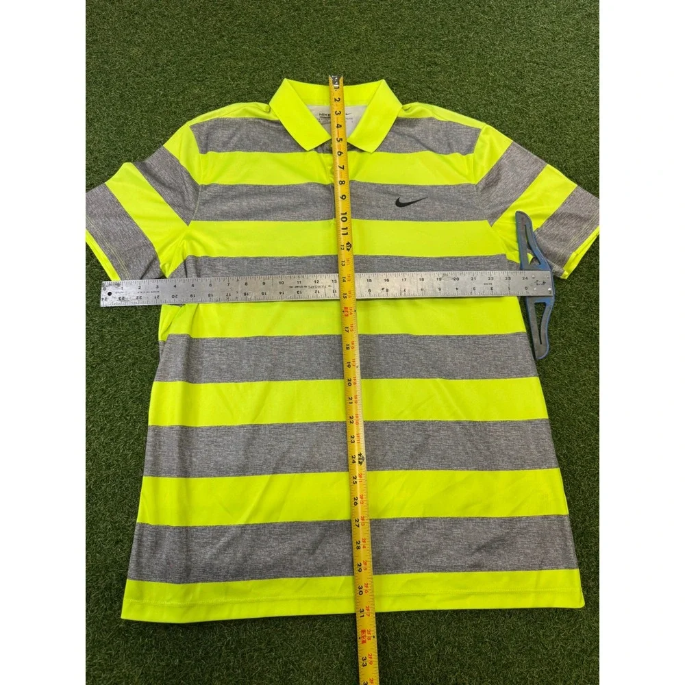 Nike Golf Mens‎ Dri-FIT Striped Polo Shirt Neon Yellow Grey Large Standard Fit